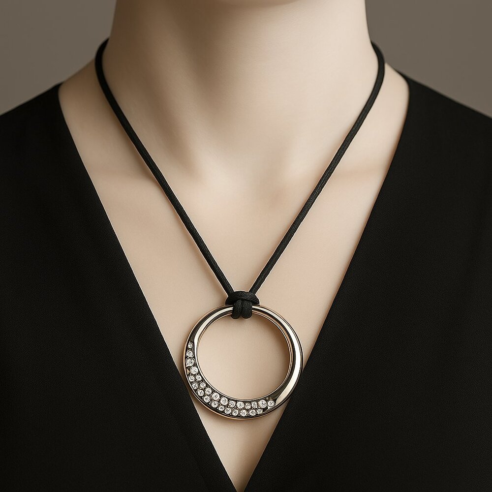 Sterling Silver Overlay Swarovski Crystal Circle Pendant Necklace – Black Cord